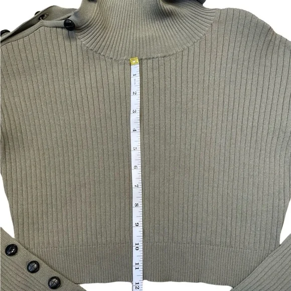 ASILIO CROPPED ASYMMETRICAL BUTTON LONG SLEEVE RIBBED SWEATER OLIVE GREEN 2 - Picture 4 of 9